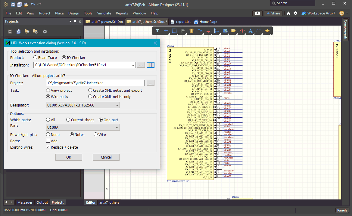 Altium Designer 18 schematic with one part wired by the IO Checker extension.